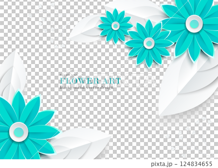Papercraft style illustration of abstract blue and pastel green flowers (daisies, gerberas, etc.) | Background material Papercraft style illustration of abstract blue and pastel green flowers (daisies, gerberas, etc.) | Background material 124834655