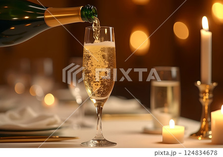 キャンドルライトが彩るシャンパンの贅沢ディナーシーン4 AI生成画像 キャンドルライトが彩るシャンパンの贅沢ディナーシーン4 AI生成画像 124834678