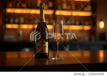 シャンパンボトルとグラスが輝く大人のバータイム52 AI生成画像 シャンパンボトルとグラスが輝く大人のバータイム52 AI生成画像 124834893