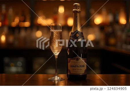 シャンパンボトルとグラスが輝く大人のバータイム16　AI生成画像 124834905
