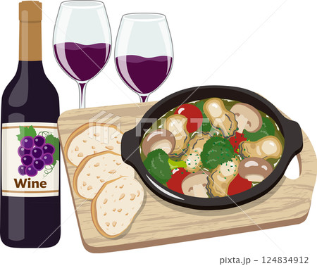牡蠣のアヒージョと赤ワイン 牡蠣のアヒージョと赤ワイン 124834912