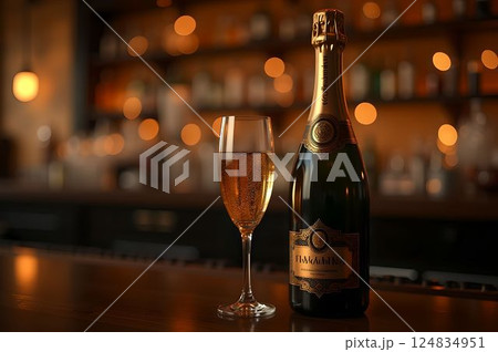 シャンパンボトルとグラスが輝く大人のバータイム27　AI生成画像 124834951