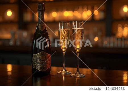 シャンパンボトルとグラスが輝く大人のバータイム46 AI生成画像 シャンパンボトルとグラスが輝く大人のバータイム46 AI生成画像 124834988
