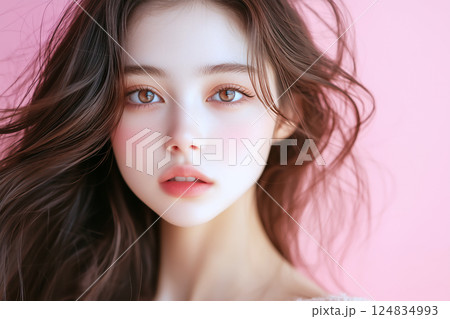 風に髪をなびかせ見つめる美しい女性 124834993
