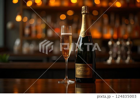 シャンパンボトルとグラスが輝く大人のバータイム29 AI生成画像 シャンパンボトルとグラスが輝く大人のバータイム29 AI生成画像 124835003