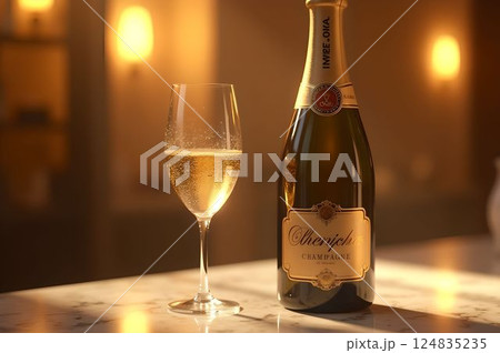 温かな光に浮かび上がるシャンパンボトルとフルートグラスの高級商品撮影39　AI生成画像 124835235