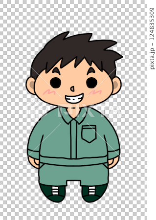 A man with short hair wearing green work clothes A man with short hair wearing green work clothes 124835309