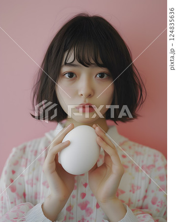 アジア人女性のポートレート, 神秘的な雰囲気の女性と卵のアート写真 124835636