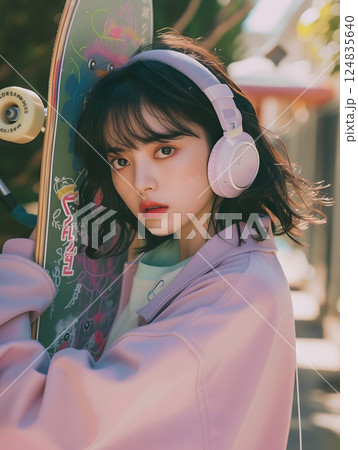 スケートボードとヘルメットを身につけたスタイリッシュな若い女性 - ストリートスポーツの魅力 スケートボードとヘルメットを身につけたスタイリッシュな若い女性 - ストリートスポーツの魅力 124835640