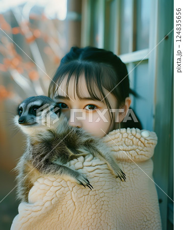 アジア人女性とミーアキャットのポートレート, かわいい動物との触れ合い 124835656
