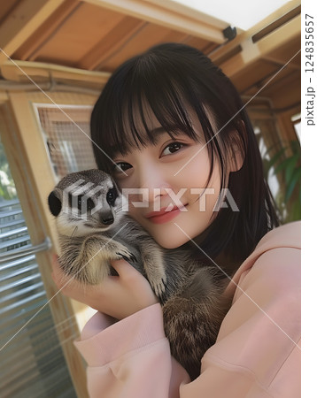 アジア人女性とミーアキャットのポートレート, かわいい動物との触れ合い 124835657