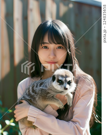アジア人女性とミーアキャットのポートレート, かわいい動物との触れ合い 124835658