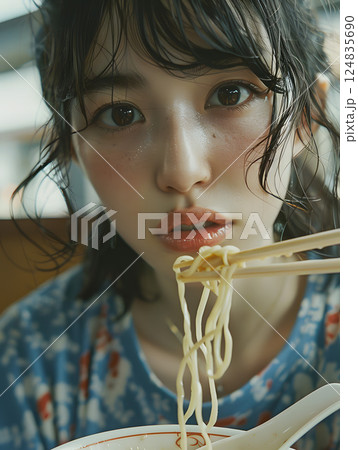 ラーメンを楽しむアジア人女性ポートレート 124835690