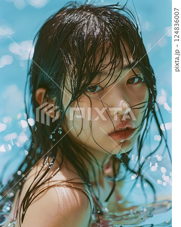 水に浮かぶ濡れた髪と美しい瞳のアジア人女性 124836007