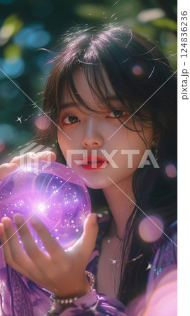 光るクリスタルボールを持つ神秘的なアジア人女性 124836236
