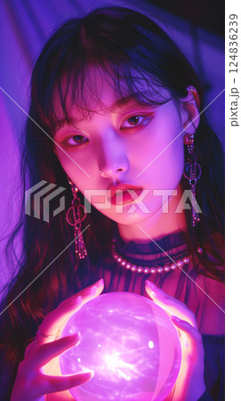 光るクリスタルボールを持つ神秘的なアジア人女性 124836239