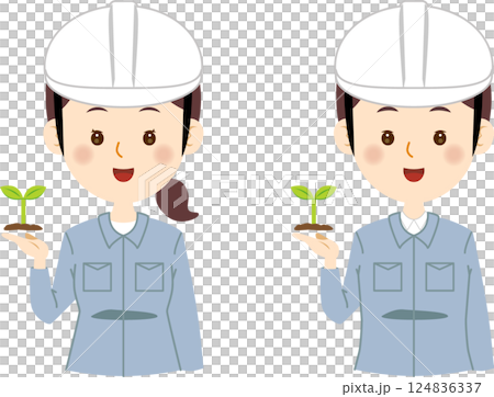 一名身穿工作服的男子和一名手持豆芽的女子 124836337