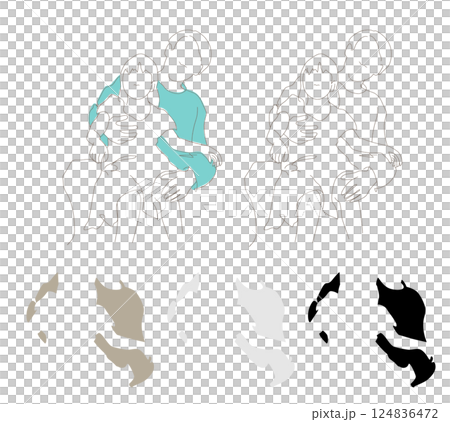 A simple hand-drawn line drawing of a father and daughter smiling as he holds his daughter on his lap. Transparent background. 124836472