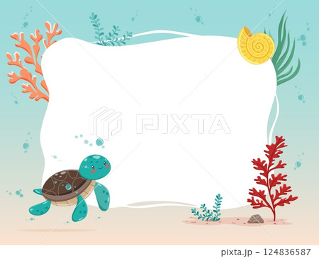 Vector frame with turtle and sea elements, isolated on white Vector frame with turtle and sea elements, isolated on white 124836587