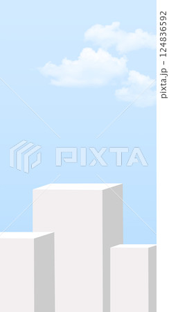 White podium for product display and advertising horizontal on blue sky with white cloud, 3d model display stand for product presentation for sale, Sky background, Scene Nature, Sky with cloud. 124836592