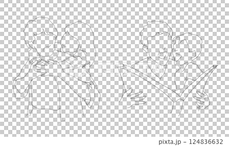 おばあちゃんと孫が一緒に遊ぶ・本を読む 手描きシンプルラインイラスト　イラスト素材セット 背景透過 124836632