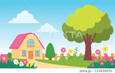 Beautiful Home House Building with Colorful Flowers Floral Garden Park Yard Landscape in Summer Beautiful Home House Building with Colorful Flowers Floral Garden Park Yard Landscape in Summer 124836650