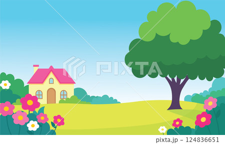 Beautiful Home House Building with Colorful Flowers Floral Garden Park Yard Landscape in Summer 124836651