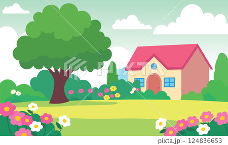Beautiful Home House Building with Colorful Flowers Floral Garden Park Yard Landscape in Summer 124836653