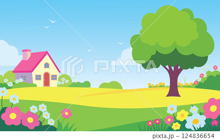 Beautiful Home House Building with Colorful Flowers Floral Garden Park Yard Landscape in Summer 124836654