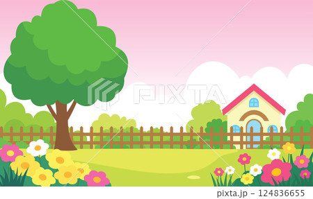 Beautiful Home House Building with Colorful Flowers Floral Garden Park Yard Landscape in Summer 124836655