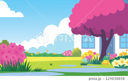 Beautiful Home House Building with Colorful Flowers Floral Garden Park Yard Landscape in Summer 124836656