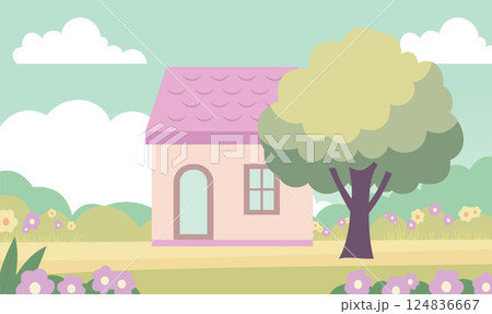 Home House Building with Flowers Floral Garden Park Yard Nature Landscape in Summer 124836667