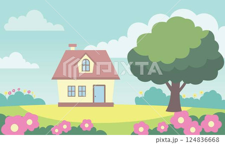 Home House Building with Flowers Floral Garden Park Yard Nature Landscape in Summer 124836668