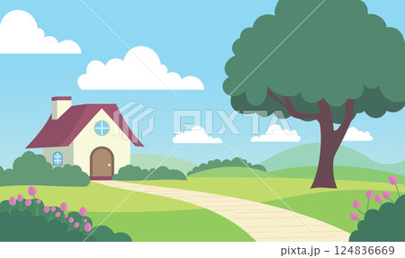 Home House Building with Flowers Floral Garden Park Yard Nature Landscape in Summer 124836669