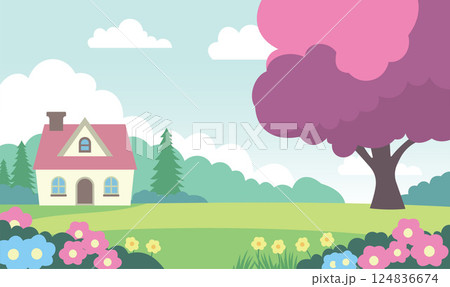 Beautiful Home House Building with Colorful Flowers Floral Garden Park Yard Landscape in Summer 124836674