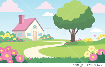 Beautiful Home House Building with Colorful Flowers Floral Garden Park Yard Landscape in Summer Beautiful Home House Building with Colorful Flowers Floral Garden Park Yard Landscape in Summer 124836677