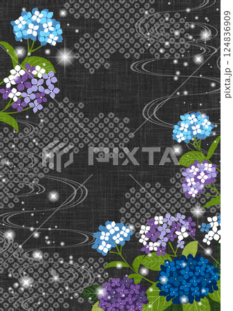 あじさい、梅雨、和風、鹿の子模様、背景、イラスト、かわいい、縦、黒 124836909