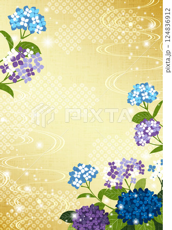 あじさい、梅雨、和風、鹿の子模様、背景、イラスト、かわいい、縦、金 124836912