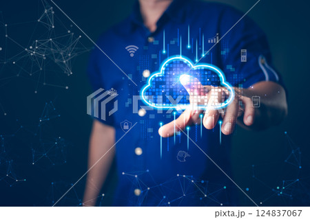 A person interacting with a glowing digital cloud icon, surrounded by futuristic interface elements, representing cloud computing, data storage, cybersecurity, and modern technology advancements. A person interacting with a glowing digital cloud icon, surrounded by futuristic interface elements, representing cloud computing, data storage, cybersecurity, and modern technology advancements. 124837067