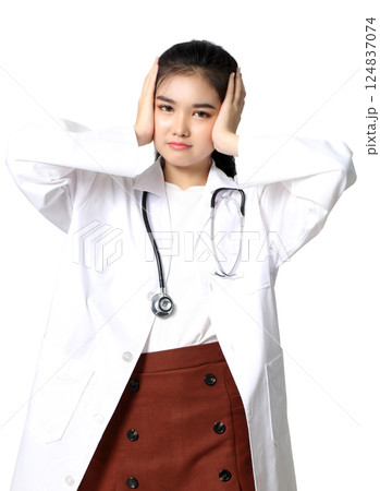 image of young woman doctor portrait in uniform with stethoscope medical and health white blackground image of young woman doctor portrait in uniform with stethoscope medical and health white blackground 124837074