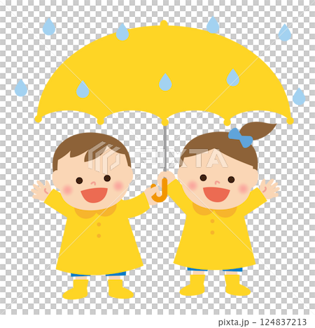 雨、雨傘和穿雨衣的兒童 124837213