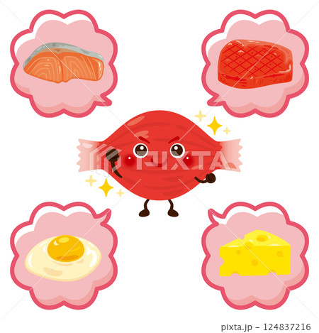 動物性タンパク質を含む食品と筋肉のキャラクター 124837216