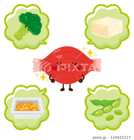 植物性タンパク質を含む食品と筋肉のキャラクター 124837217