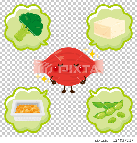 植物性タンパク質を含む食品と筋肉のキャラクター 124837217