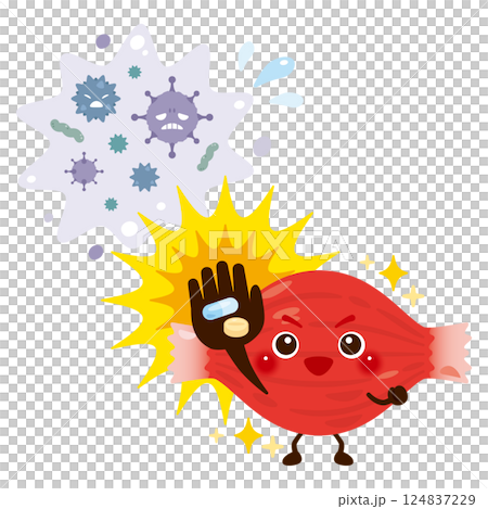 Illustration of a muscular character who recovers after treating a virus with medicine Illustration of a muscular character who recovers after treating a virus with medicine 124837229