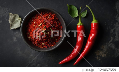 red chili peppers with basil in bowl on black 124837359