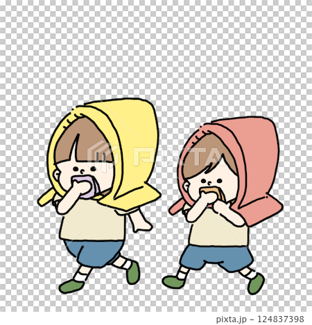 防災頭巾を被ってハンカチで手を押さえながら避難訓練をする子どもたちのイラストカラーバージョン 防災頭巾を被ってハンカチで手を押さえながら避難訓練をする子どもたちのイラストカラーバージョン 124837398