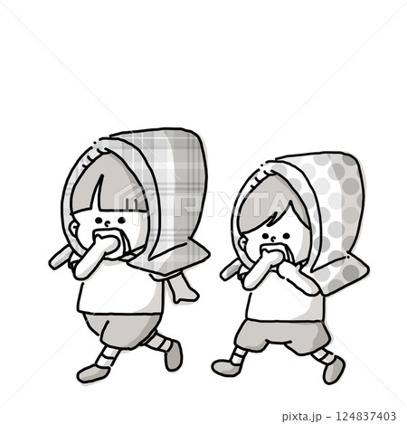 防災頭巾を被ってハンカチで手を押さえながら避難訓練をする子どもたちのイラストモノクロバージョン 124837403