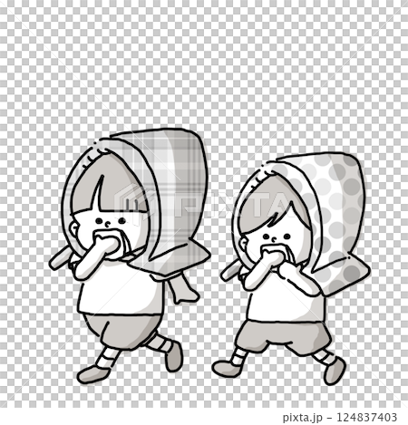 防災頭巾を被ってハンカチで手を押さえながら避難訓練をする子どもたちのイラストモノクロバージョン 124837403