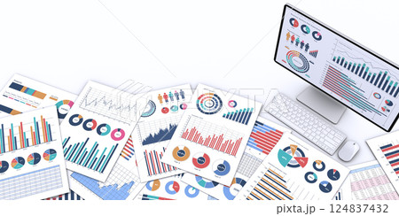 ビジネス資料とデータを表示するデスクトップパソコン、データ分析・検討のイメージ 124837432